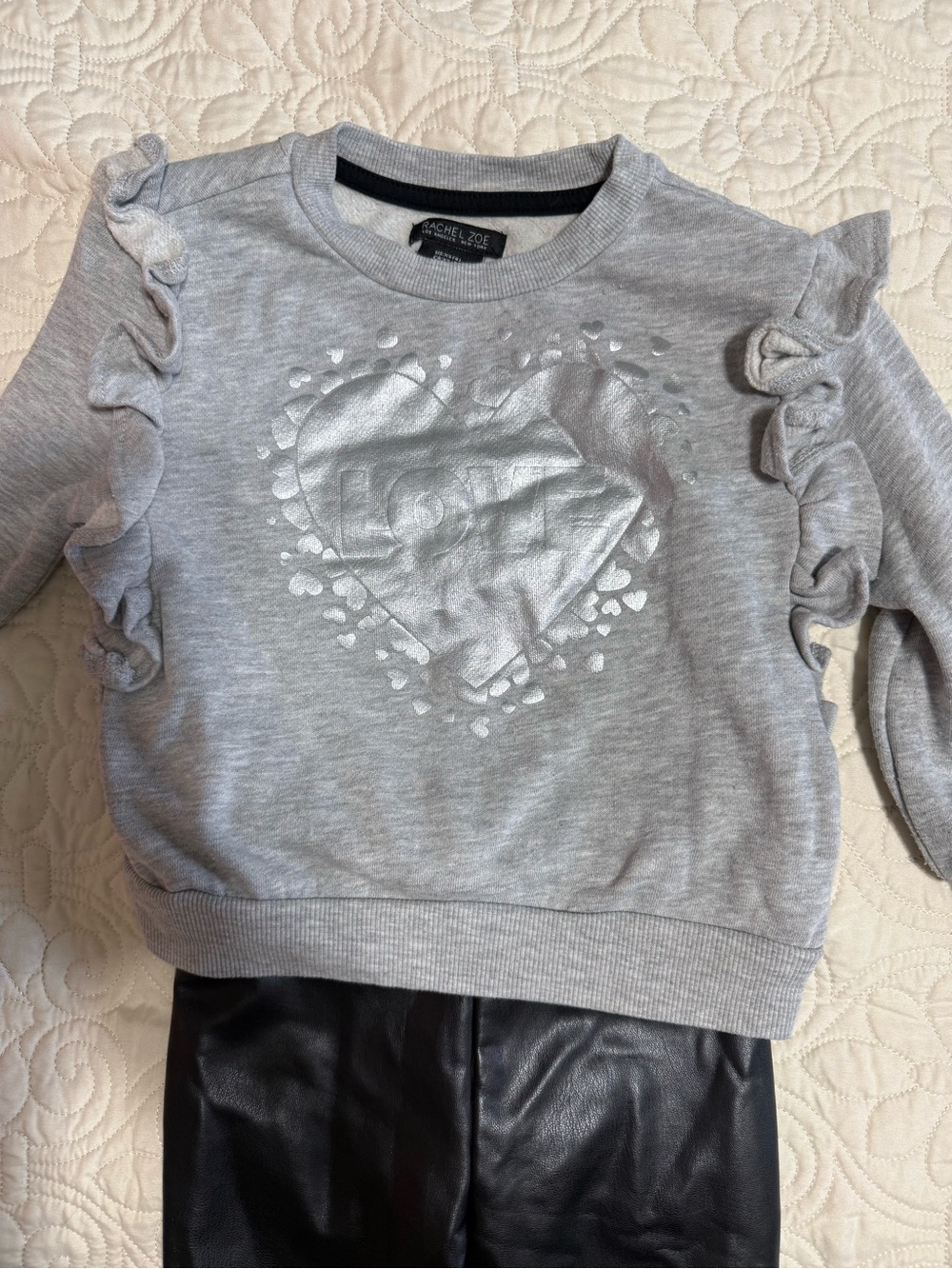 Rachel Zoe Girls' Gray Love Ruffles Sweatshirt & Black Faux Leather Flare pants - Picture 3 of 5